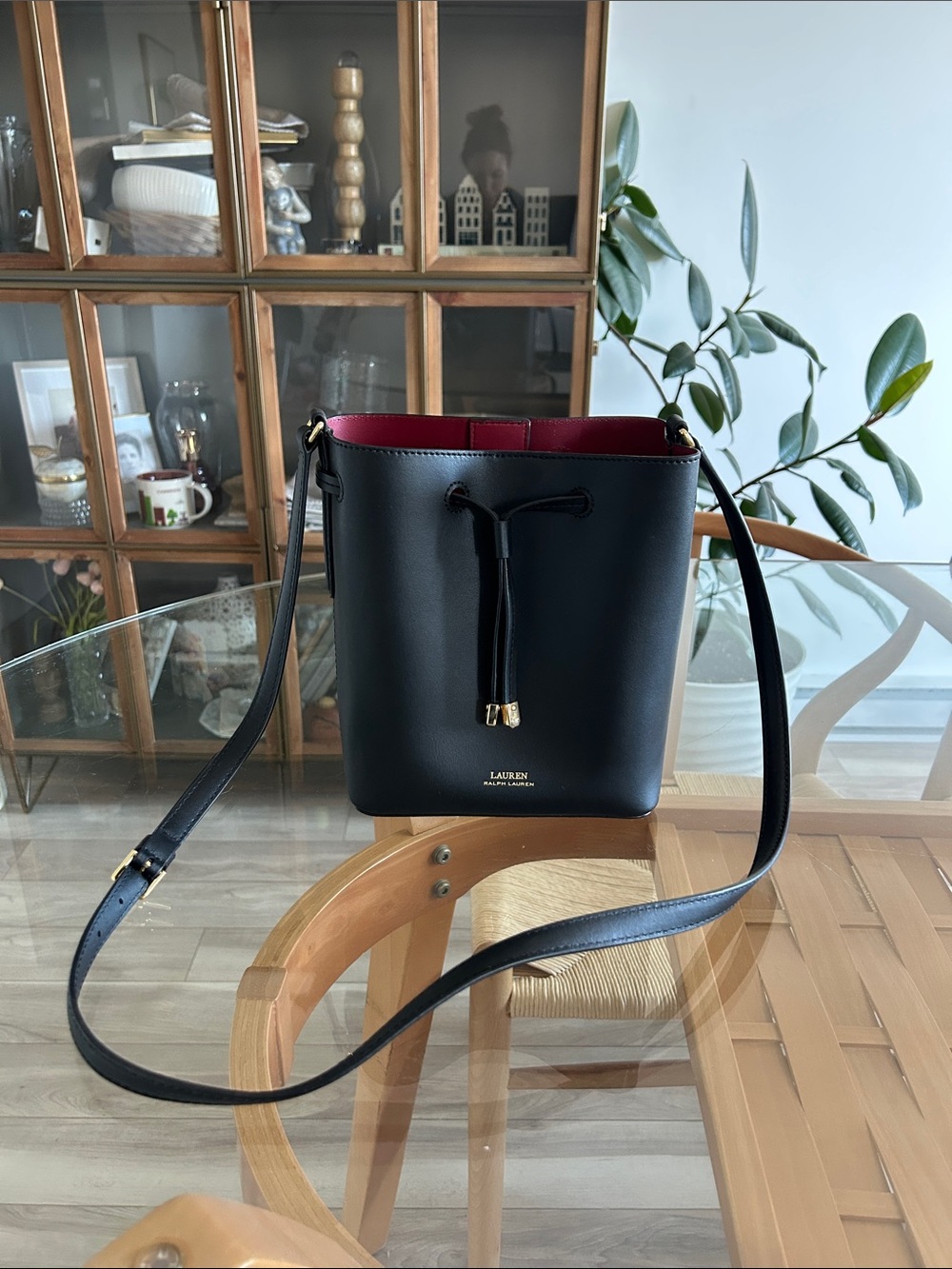 Ralph Lauren Genuine Leather Bucket Bag with Red Interior